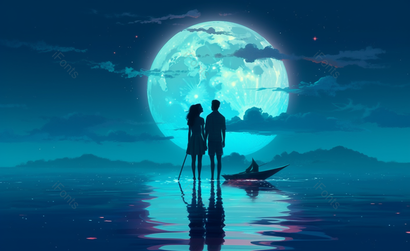 蓝色系月亮星空下情侣海边约会背景图,插画/手绘图,插画/手绘图库,插画/手绘图下载,插画/手绘